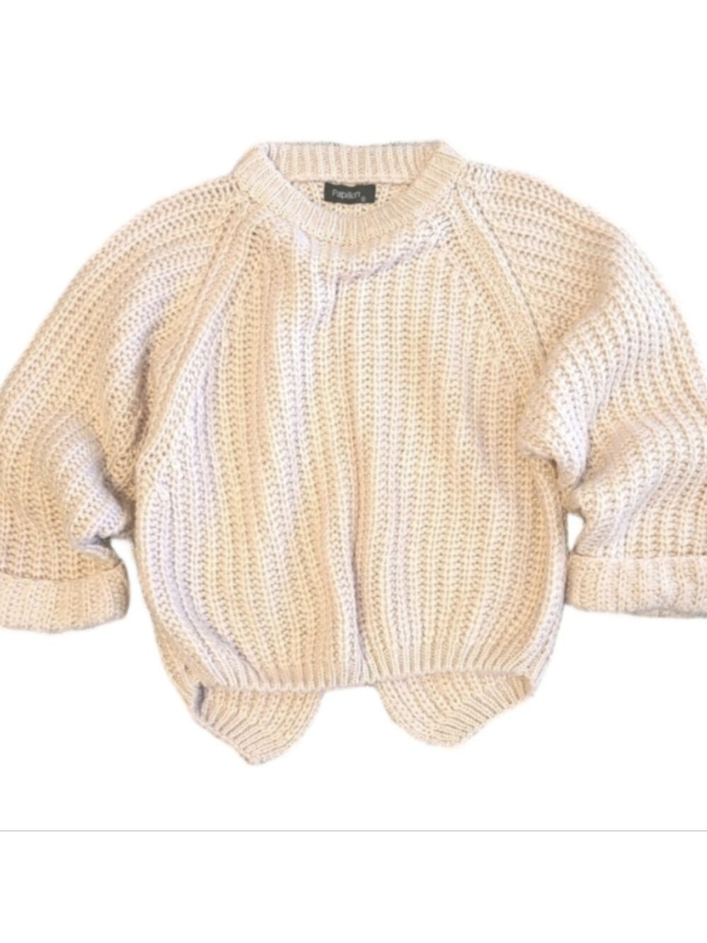 Papillion Cozycore Chunky Knit Sweater Balloon Sleeves Assymetrical Hem Pink
